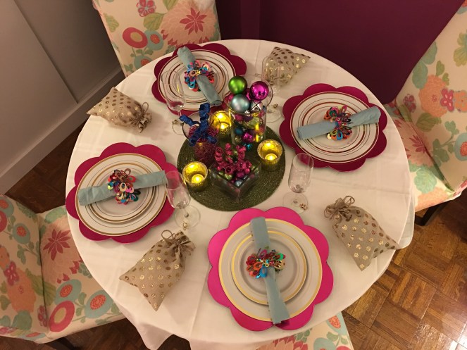 holiday table, holiday tablescape, christmas table, holiday table, christmas decorations, holiday decorating, white christmas tree, colorful christmas, sarah in style, chicago blogger, holiday dining, holiday decor, lifestyle blogger, #wcbcstyle, a peak at my table