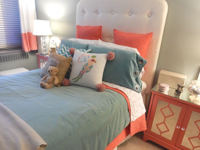 sarahinstyle.com, sarah in style, bedroom, interior design, sanctuary, my own bed, coral and blue, windy city bloggers, design blogger, chicago blogger