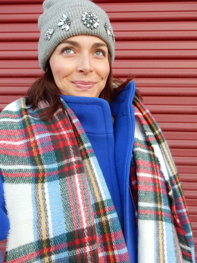 Winter coats, blue winter coat, colorful winter coats, blinged beanie, sarah in style, sarahinstyle.com, sarah meyer, plaid scarf, loft, ann taylor, j. crew, vince camuto, windy city bloggers, fashion blogger, #wcbcstyle, chicago blogger, city style, celebrity pink