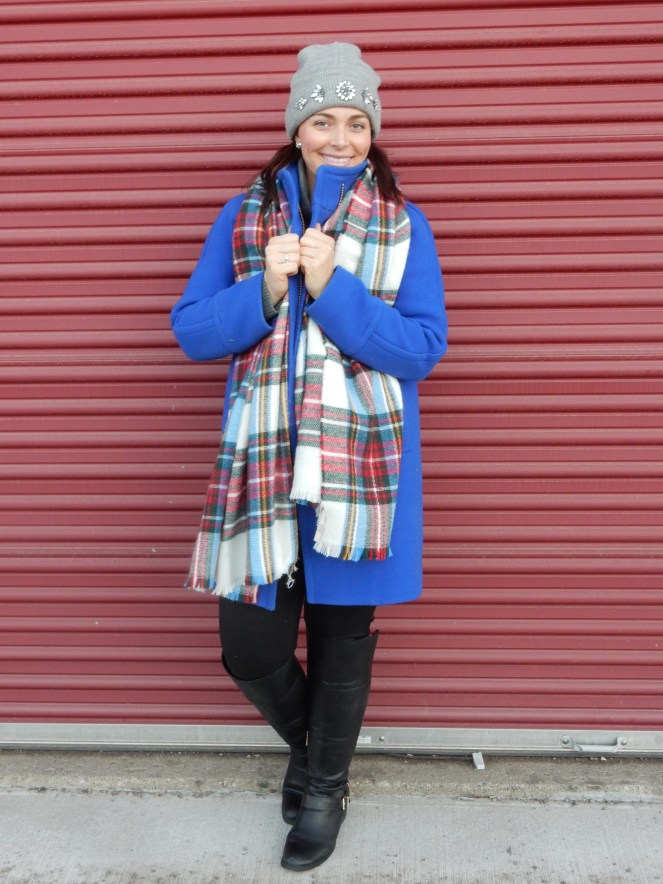 Winter coats, blue winter coat, colorful winter coats, blinged beanie, sarah in style, sarahinstyle.com, sarah meyer, plaid scarf, loft, ann taylor, j. crew, vince camuto, windy city bloggers, fashion blogger, #wcbcstyle, chicago blogger, city style, celebrity pink