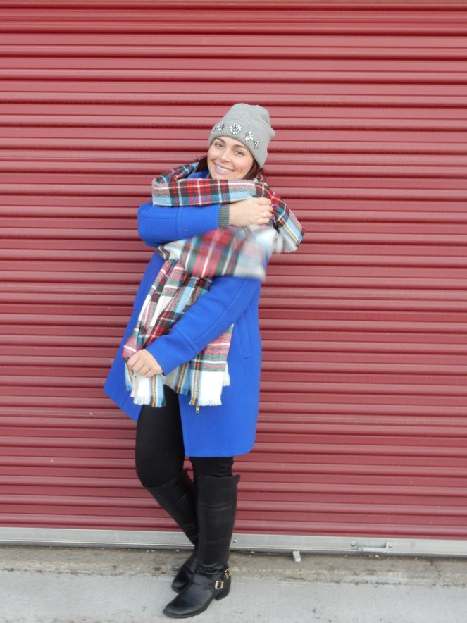 Winter coats, blue winter coat, colorful winter coats, blinged beanie, sarah in style, sarahinstyle.com, sarah meyer, plaid scarf, loft, ann taylor, j. crew, vince camuto, windy city bloggers, fashion blogger, #wcbcstyle, chicago blogger, city style, celebrity pink