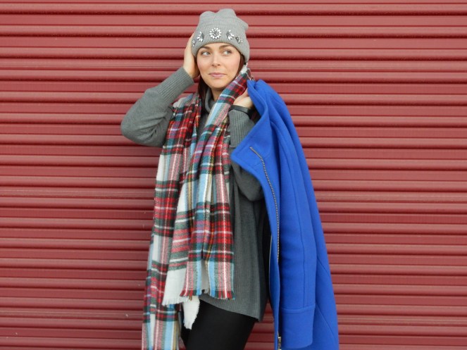 Winter coats, blue winter coat, colorful winter coats, blinged beanie, sarah in style, sarahinstyle.com, sarah meyer, plaid scarf, loft, ann taylor, j. crew, vince camuto, windy city bloggers, fashion blogger, #wcbcstyle, chicago blogger, city style, celebrity pink