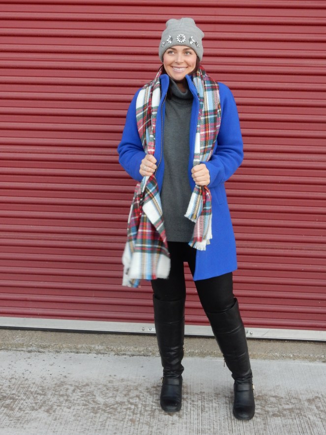 Winter coats, blue winter coat, colorful winter coats, blinged beanie, sarah in style, sarahinstyle.com, sarah meyer, plaid scarf, loft, ann taylor, j. crew, vince camuto, windy city bloggers, fashion blogger, #wcbcstyle, chicago blogger, city style, celebrity pink