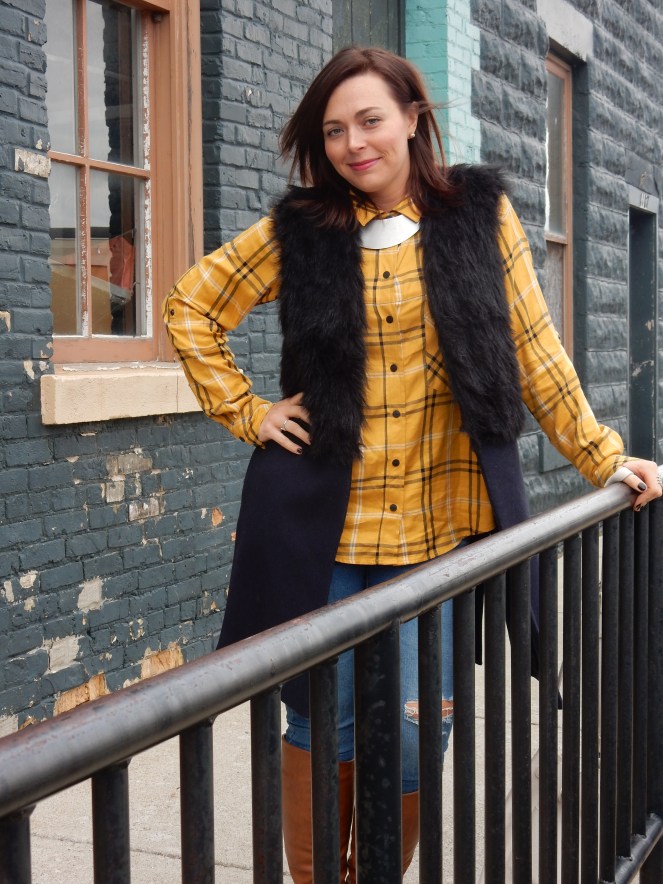 plaid world, plaid shirt, furry vest, sarah in style, sarah meyer, bay city michigan, pure michigan, windy city bloggers collective, wcbcstyle, fashion blogger, how to wear plaid, styling plaid, styling fur, fur
