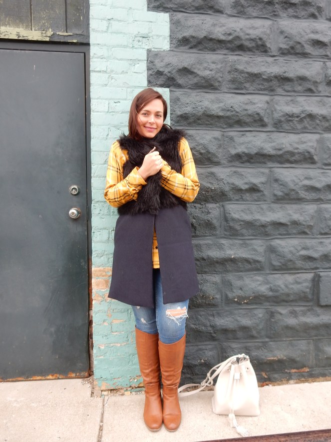 plaid world, plaid shirt, furry vest, sarah in style, sarah meyer, bay city michigan, pure michigan, windy city bloggers collective, wcbcstyle, fashion blogger, how to wear plaid, styling plaid, styling fur, fur