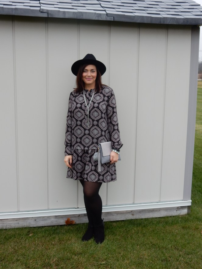 paisley dress, Pretty In Paisley, Sarah In Style, How to add color to an outfit, how to add color to your wardrobe, adding color to your outfit, adding color to your wardrobe, little black dress, LBD, sarahinstyle.com, black hat, pom pom purse, winter wardrobe, styling tips, style tips, fashion blogger