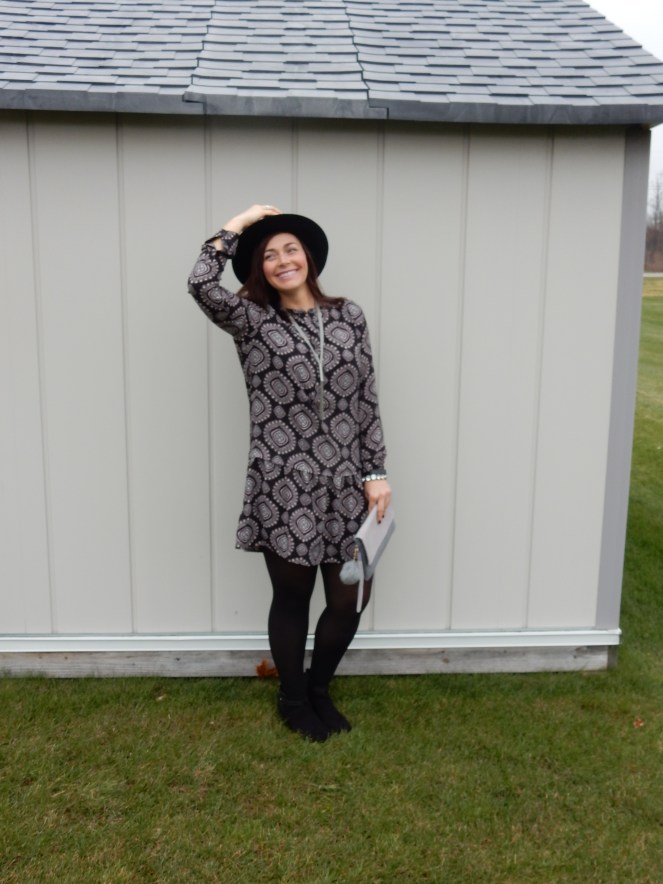 paisley dress, Pretty In Paisley, Sarah In Style, How to add color to an outfit, how to add color to your wardrobe, adding color to your outfit, adding color to your wardrobe, little black dress, LBD, sarahinstyle.com, black hat, pom pom purse, winter wardrobe, styling tips, style tips, fashion blogger