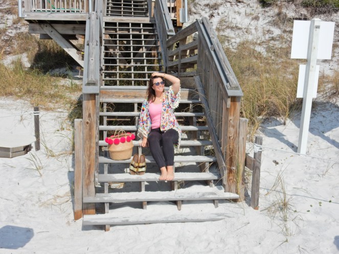 Judith March, fringe top, caftan, beach ensemble, summer style, Destin, Florida, emerald coast, beach style, sarahinstyle.com, sarah in style, sarah meyer, fringe beach bag, pom pom bag, Hobby Lobby, gold chunky sandals