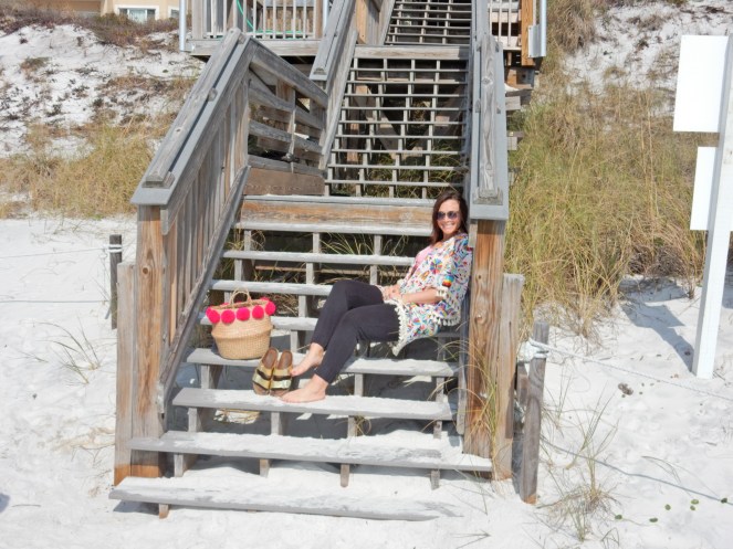 Judith March, fringe top, caftan, beach ensemble, summer style, Destin, Florida, emerald coast, beach style, sarahinstyle.com, sarah in style, sarah meyer, fringe beach bag, pom pom bag, Hobby Lobby, gold chunky sandals