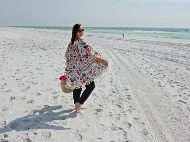 Judith March, fringe top, caftan, beach ensemble, summer style, Destin, Florida, emerald coast, beach style, sarahinstyle.com, sarah in style, sarah meyer, fringe beach bag, pom pom bag, Hobby Lobby, gold chunky sandals