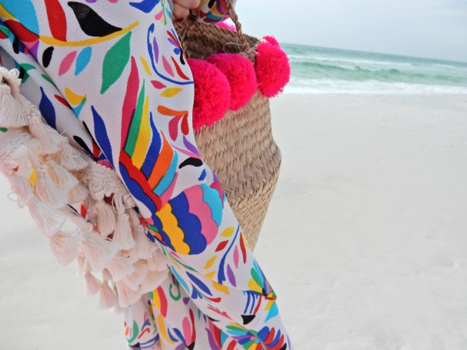 Judith March, fringe top, caftan, beach ensemble, summer style, Destin, Florida, emerald coast, beach style, sarahinstyle.com, sarah in style, sarah meyer, fringe beach bag, pom pom bag, Hobby Lobby, gold chunky sandals