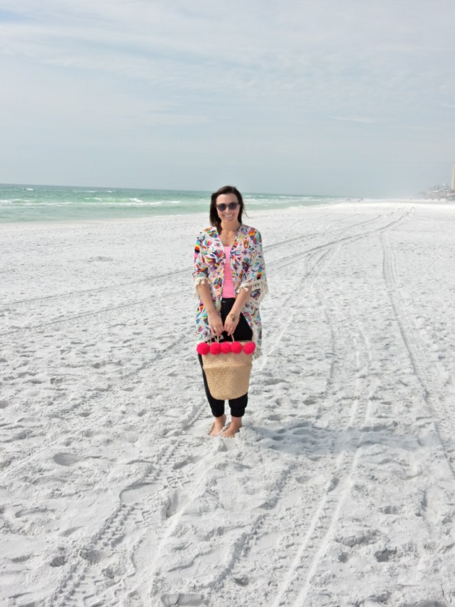 Judith March, fringe top, caftan, beach ensemble, summer style, Destin, Florida, emerald coast, beach style, sarahinstyle.com, sarah in style, sarah meyer, fringe beach bag, pom pom bag, Hobby Lobby, gold chunky sandals