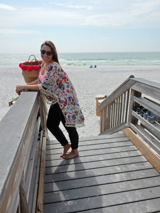 Judith March, fringe top, caftan, beach ensemble, summer style, Destin, Florida, emerald coast, beach style, sarahinstyle.com, sarah in style, sarah meyer, fringe beach bag, pom pom bag, Hobby Lobby, gold chunky sandals