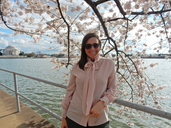 pink bow tie top, Washington D.C. Cherry Blossom Festival, Cherry Blossom Festival , Cherry Blossoms, D.C. Cherry Blossoms, Washington D.C., District of Columbia, Springtime, Spring fling, spring flowers, flowering trees, sarah in style, sarahinstyle.com, Sarah Meyer, Tidal Pond, Jefferson Memorial, DC Monuments, Ruffled Pink Blouse