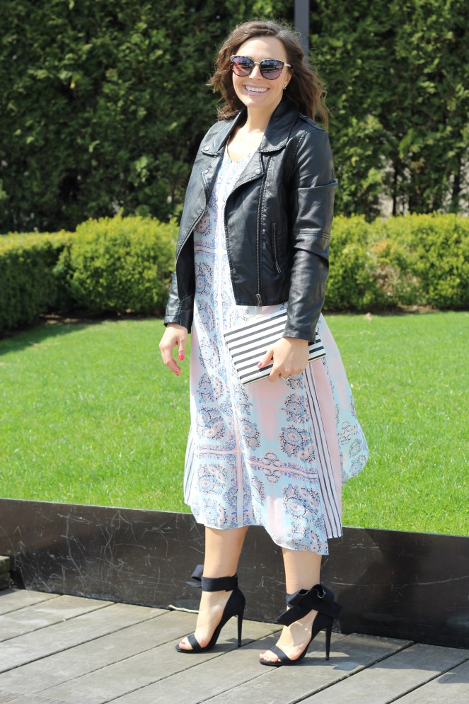 Akira, Bow Heels, Bow Shoes, Spade, Kate Spade pink purse, Kate Spade Toucan, Kate Spade black and white, Tribal, Cotton On, Leather jacket, moto jacket, Millenium Park, Chicago, Fashion blogger, Chicago blogger, day to night, OOTD, Sarah In Style, Target, Akira, Sarah Meyer, Spring fashion, spring dresses