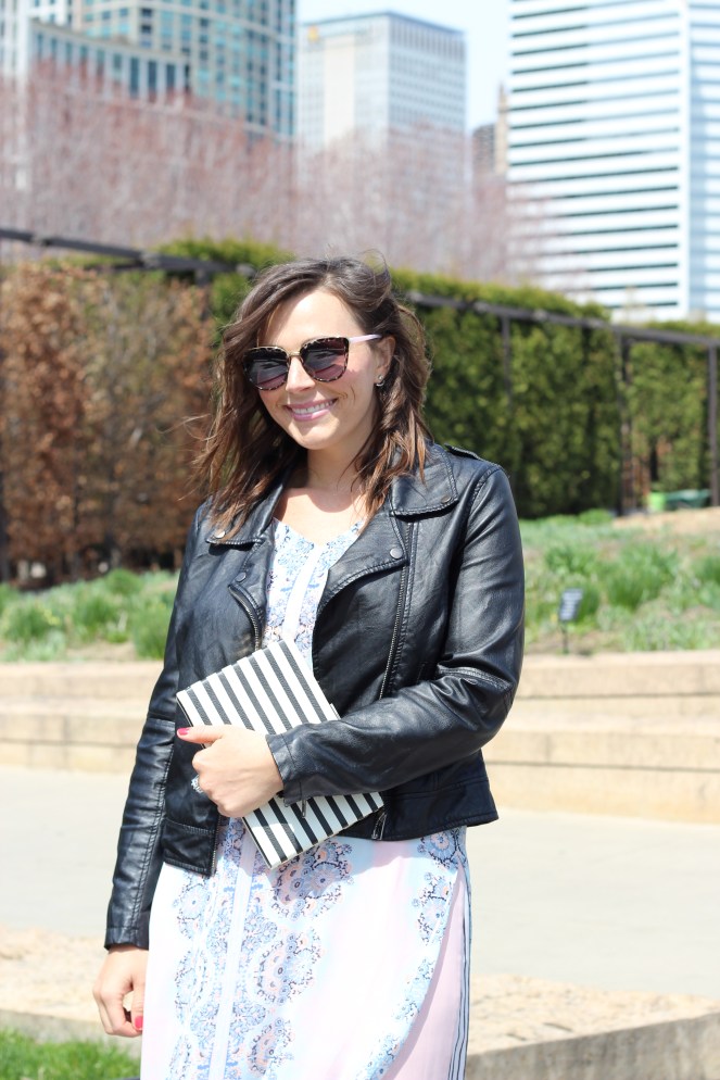Akira, Bow Heels, Bow Shoes, Spade, Kate Spade pink purse, Kate Spade Toucan, Kate Spade black and white, Tribal, Cotton On, Leather jacket, moto jacket, Millenium Park, Chicago, Fashion blogger, Chicago blogger, day to night, OOTD, Sarah In Style, Target, Akira, Sarah Meyer, Spring fashion, spring dresses