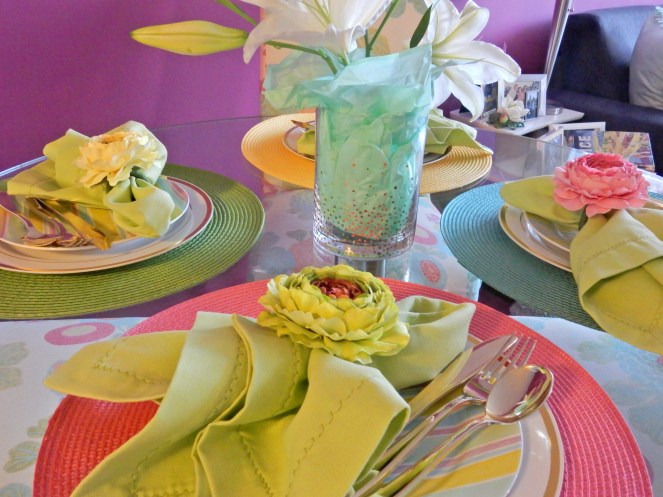 Sarah In Style, Dining Decor, Flirty Florals. Entertaining, Hosting, Event Planning, Decor, Decorating, Tablescape, Table decor, Table layout, Pier 1, Target, floral napkin rings, decorating on a dime, decorating on a budget, gold silverware, plastic gold silverware 