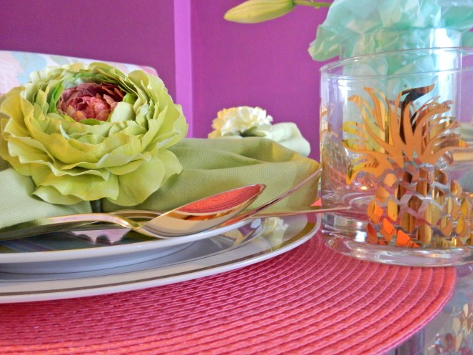 Sarah In Style, Dining Decor, Flirty Florals. Entertaining, Hosting, Event Planning, Decor, Decorating, Tablescape, Table decor, Table layout, Pier 1, Target, floral napkin rings, decorating on a dime, decorating on a budget, gold silverware, plastic gold silverware 