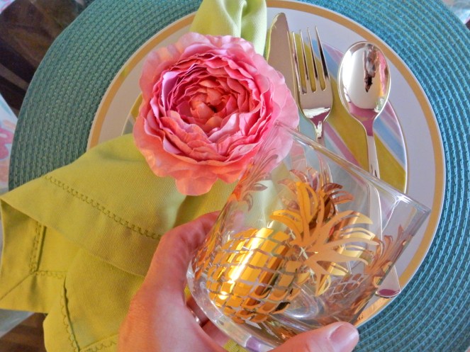 Sarah In Style, Dining Decor, Flirty Florals. Entertaining, Hosting, Event Planning, Decor, Decorating, Tablescape, Table decor, Table layout, Pier 1, Target, floral napkin rings, decorating on a dime, decorating on a budget, gold silverware, plastic gold silverware 