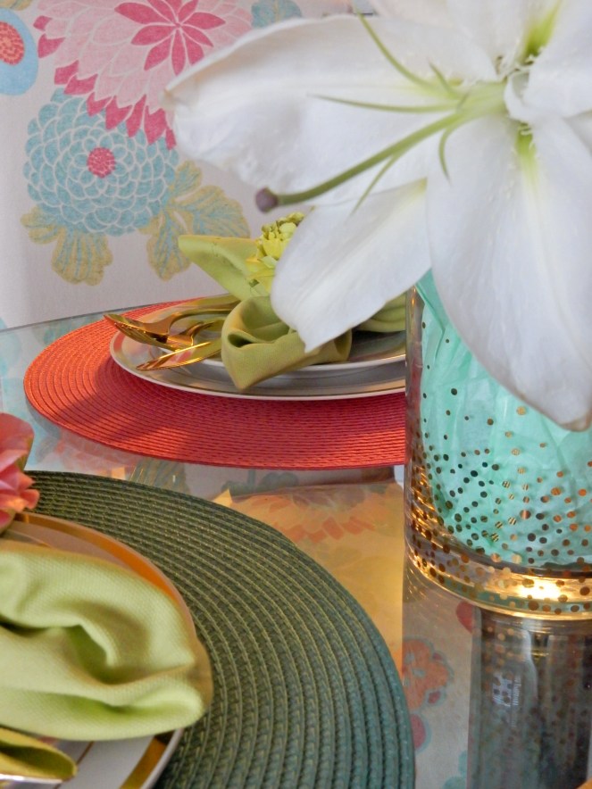 Sarah In Style, Dining Decor, Flirty Florals. Entertaining, Hosting, Event Planning, Decor, Decorating, Tablescape, Table decor, Table layout, Pier 1, Target, floral napkin rings, decorating on a dime, decorating on a budget, gold silverware, plastic gold silverware 