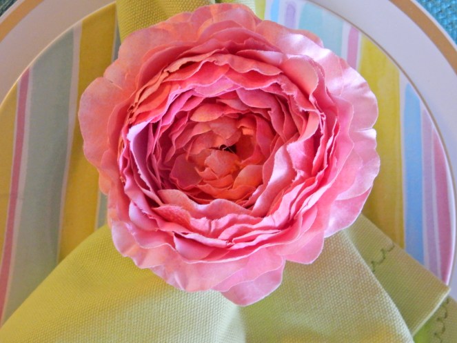 Sarah In Style, Dining Decor, Flirty Florals. Entertaining, Hosting, Event Planning, Decor, Decorating, Tablescape, Table decor, Table layout, Pier 1, Target, floral napkin rings, decorating on a dime, decorating on a budget, gold silverware, plastic gold silverware 