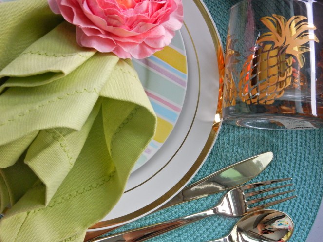 Sarah In Style, Dining Decor, Flirty Florals. Entertaining, Hosting, Event Planning, Decor, Decorating, Tablescape, Table decor, Table layout, Pier 1, Target, floral napkin rings, decorating on a dime, decorating on a budget, gold silverware, plastic gold silverware 