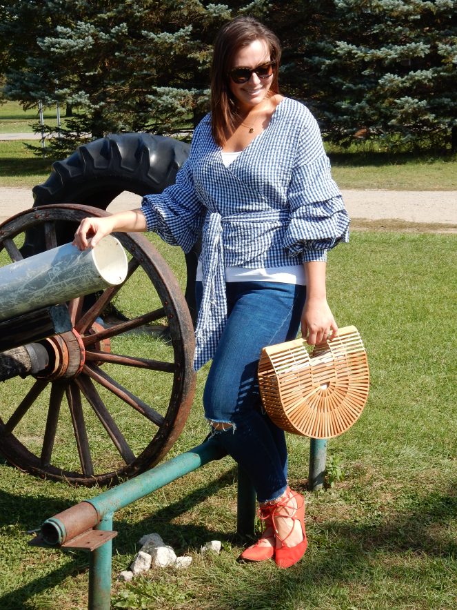 wood purse, fall fashion, seasonal clothing, what to wear this fall, fall trends, fall style, autumn style, apple orchard outfit, gingham ruffle top, gingham wrap top, red lace up flats, Pure Michigan, apple slushies, Sarah In Style, Sarah Meyer, fashion blogger, fashion blog, Chicago blogs, Chicago bloggers