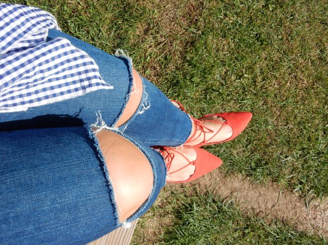 wood purse, fall fashion, seasonal clothing, what to wear this fall, fall trends, fall style, autumn style, apple orchard outfit, gingham ruffle top, gingham wrap top, red lace up flats, Pure Michigan, apple slushies, Sarah In Style, Sarah Meyer, fashion blogger, fashion blog, Chicago blogs, Chicago bloggers