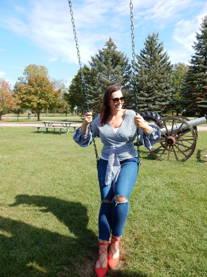 wood purse, fall fashion, seasonal clothing, what to wear this fall, fall trends, fall style, autumn style, apple orchard outfit, gingham ruffle top, gingham wrap top, red lace up flats, Pure Michigan, apple slushies, Sarah In Style, Sarah Meyer, fashion blogger, fashion blog, Chicago blogs, Chicago bloggers