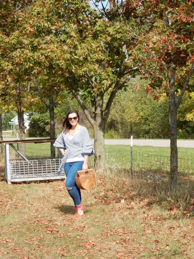 wood purse, fall fashion, seasonal clothing, what to wear this fall, fall trends, fall style, autumn style, apple orchard outfit, gingham ruffle top, gingham wrap top, red lace up flats, Pure Michigan, apple slushies, Sarah In Style, Sarah Meyer, fashion blogger, fashion blog, Chicago blogs, Chicago bloggers