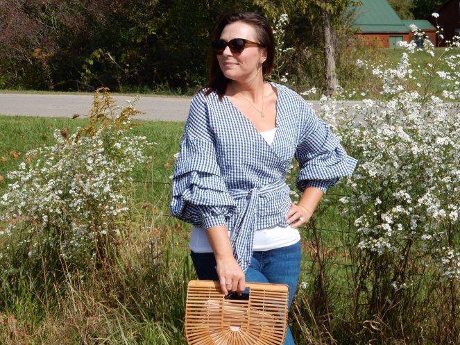 wood purse, fall fashion, seasonal clothing, what to wear this fall, fall trends, fall style, autumn style, apple orchard outfit, gingham ruffle top, gingham wrap top, red lace up flats, Pure Michigan, apple slushies, Sarah In Style, Sarah Meyer, fashion blogger, fashion blog, Chicago blogs, Chicago bloggers
