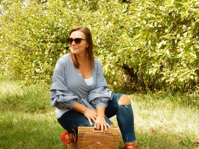 wood purse, fall fashion, seasonal clothing, what to wear this fall, fall trends, fall style, autumn style, apple orchard outfit, gingham ruffle top, gingham wrap top, red lace up flats, Pure Michigan, apple slushies, Sarah In Style, Sarah Meyer, fashion blogger, fashion blog, Chicago blogs, Chicago bloggers