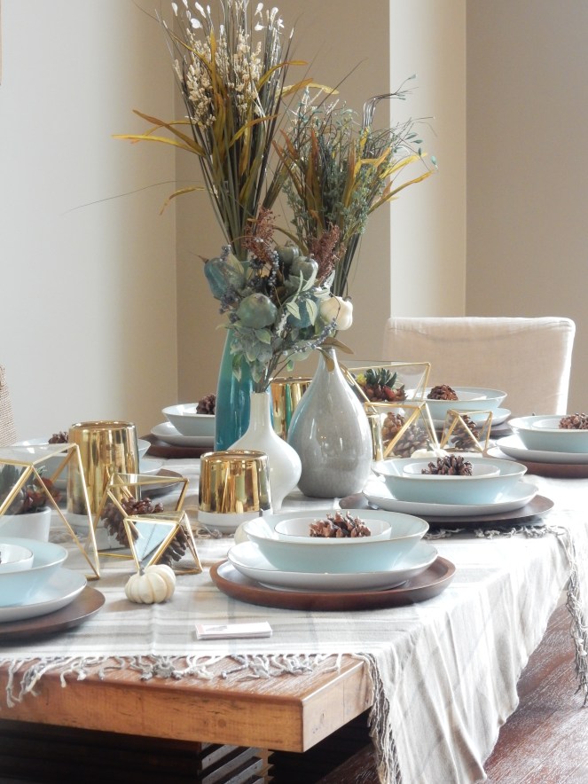 Dining Decor, Tablescape, Fall Table Decor, Fall Table, Fall Decorations, Fall Entertaining, Table Setting, West Elm, Pottery Barn, Cool Hued Fall Blues, Sarah In Style, Design blogs, design blogger, interior decorating, Sarah Meyer, cindi sodolski, warm table decor