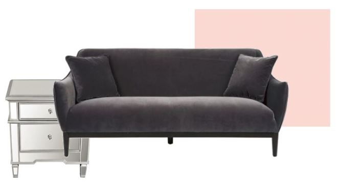 pink and grey room, grey velvet sofa, pink walls, Pink velvet sofa, Joss and Main, The Velveteen Throne, The Velvet Throne, Velvet, Velvet Couch, Velvet Sofa, Velvet furniture, Jonathan Adler, Article.com, Wayfair velvet sofa, interior design, fall interiors, winter interiors. winter design, sarah in style, sarahinstyle.com, deisgn blog, Sarah Meyer, how to decorate for winter