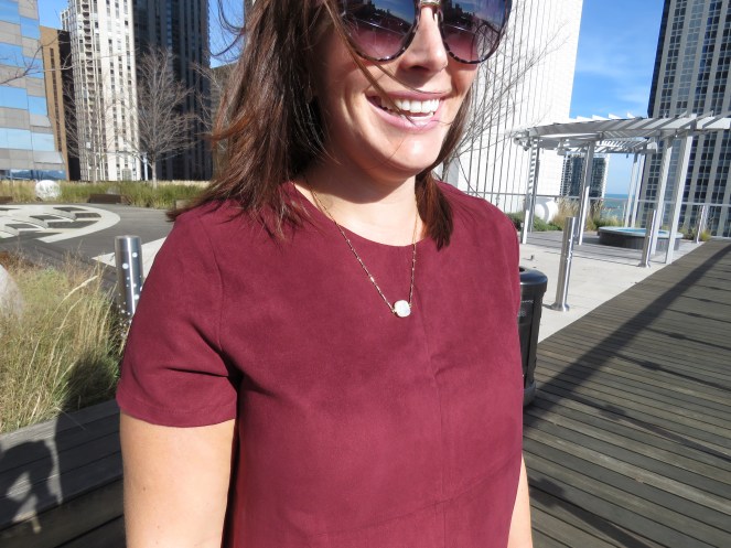 Boots are made for walking, boots, brown boots, vince camuto, how to style boots, Landon Lacey, simple necklaces, delicate necklaces, millenium park, chicago skyline, maroon suede dress, winter fashion, winter style, all about boots, sarah meyer