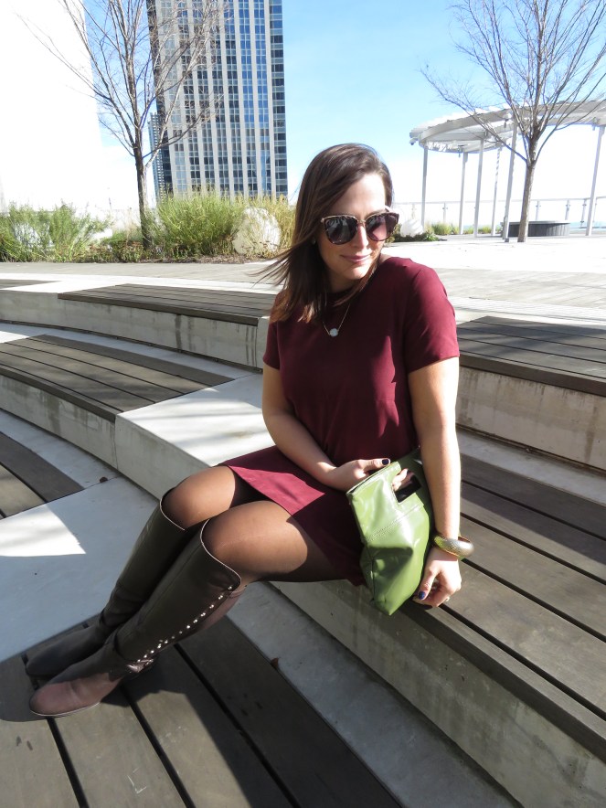Boots are made for walking, boots, brown boots, vince camuto, how to style boots, Landon Lacey, simple necklaces, delicate necklaces, millenium park, chicago skyline, maroon suede dress, winter fashion, winter style, all about boots, sarah meyer