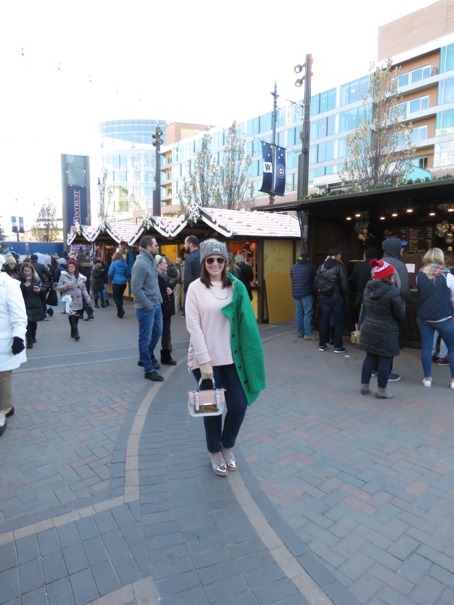 Christmas Market, Chriskindlemarket, Christkindlmarket, chicago traditions, chicago, chicago christmas, the park at wrigley, what to do in chicago this weekend, chicago activities, sarah in style, sarahinstyle.com, sarah meyer, family traditions, pink ruffled sweater, green jcrew coat, wrigley field, daley plaza, naperville