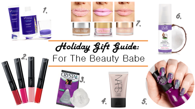 Beauty Gifts, beauty Gift Guide, Holiday Gift Guide, Gift Guide, Gift Guides, Gifts for the beauty babe, gifts for makeup junkies, , Gifts for Relaxation, sarah in style, christmas gift ideas, NARS, copacabana, crystal deodorant, clearly coconut oil, sara happ, lip restoration, lip masks, lip scrubs, loreal lip color, infallible loreal, Sinful colors, punk yourself, pop white, best tooth whitening, tooth whitener, teeth color corrector