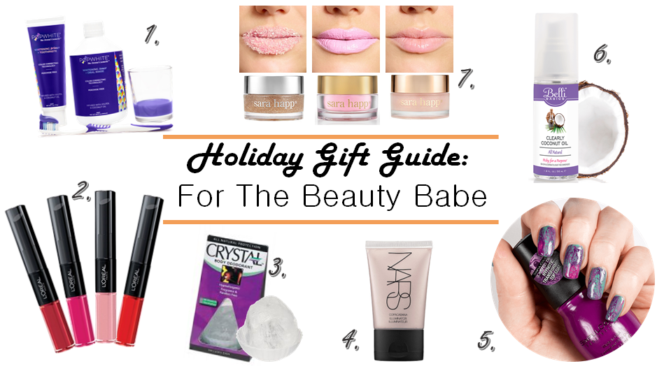 Beauty Gifts, beauty Gift Guide, Holiday Gift Guide, Gift Guide, Gift Guides, Gifts for the beauty babe, gifts for makeup junkies, , Gifts for Relaxation, sarah in style, christmas gift ideas, NARS, copacabana, crystal deodorant, clearly coconut oil, sara happ, lip restoration, lip masks, lip scrubs, loreal lip color, infallible loreal, Sinful colors, punk yourself, pop white, best tooth whitening, tooth whitener, teeth color corrector