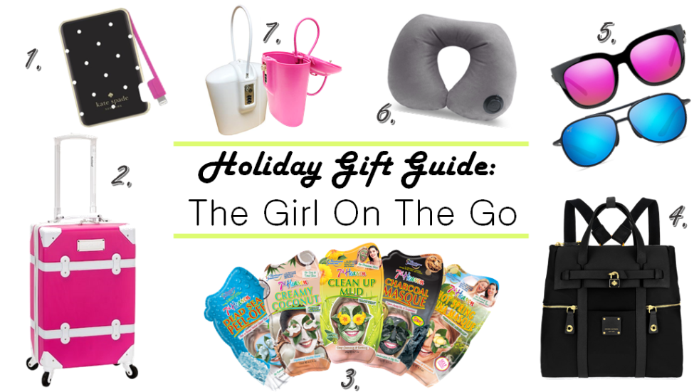 Holiday Gift Guide, Gift Guide, Gift Guides, Gifts for the fashion lover, girl on the go, gifts for travelers, gifts for busy people, sarah in style, christmas gift ideas, safego, maui jim, nectar sunglasses, rockland luggage, streetcar luggage, pink luggage, 7th heaven masks, sheet masks, fask masks for travel, henri bendel, sleek backpacks, inflatable neck pillow, magellan pillow, best airplane pillow, kate spade charger