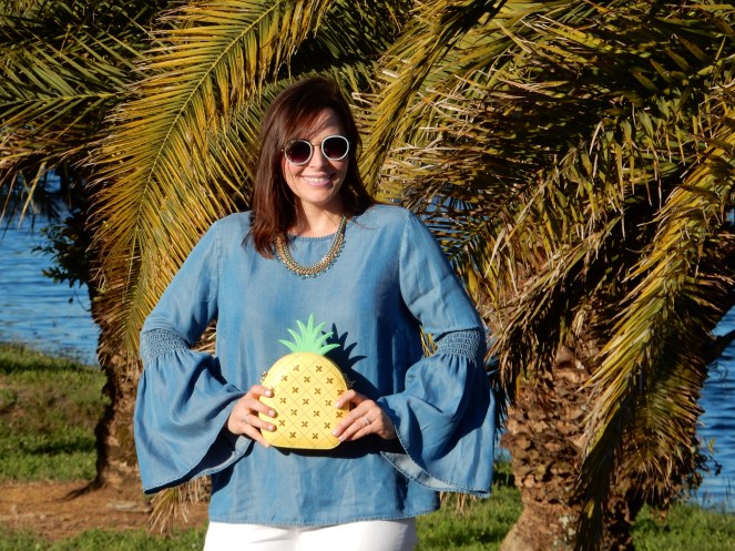 Spring Fashion Trends, Chambray Tops, Pineapple Purse, Kate Spade, Talbots Jeans, How to wear blue, Sarah In Style, Easy Packing Tips, What to wear this spring, Blue and White, closet staples, Sarah Meyer, Chicago Fashion Blogger, Fashion Blog
