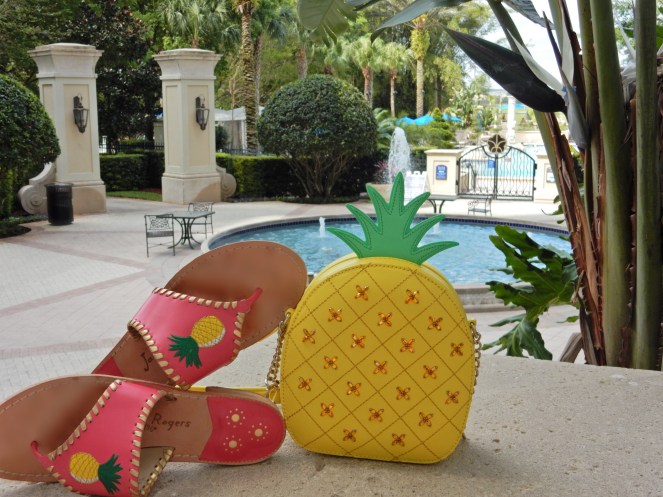 Pineapple purse, pineapple sandals, Lady in Red, dresses for cheap, fashion comfort zone, try new fashions, sarah in style, summer red dress, Sarah Meyer, Soft Surroundings, Jack Rogers sandals, Kate Spade pineapple purse, Omni Champions gate, red and pink together, Florida style, tropical fashion