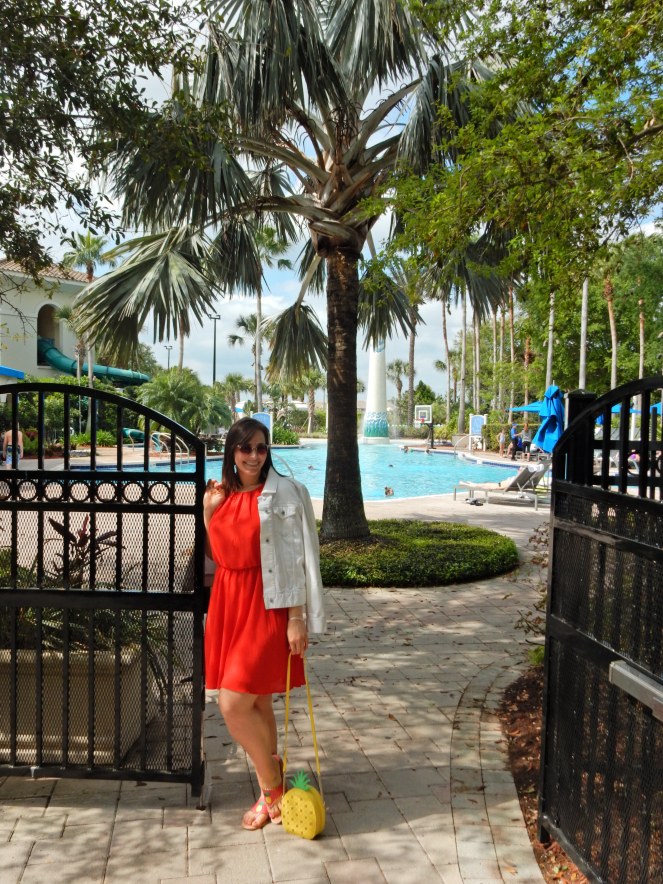 Lady in Red, dresses for cheap, fashion comfort zone, try new fashions, sarah in style, summer red dress, Sarah Meyer, Soft Surroundings, Jack Rogers sandals, Kate Spade pineapple purse, Omni Champions gate, red and pink together, Florida style, tropical fashion