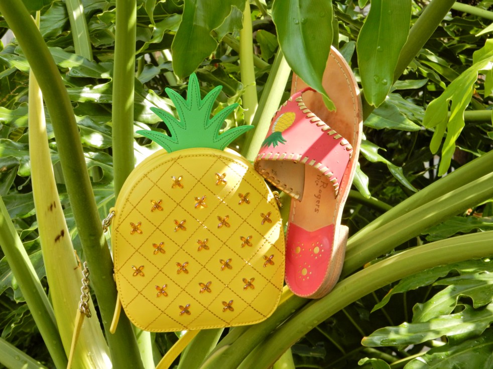 Pineapple purse, pineapple sandals, Lady in Red, dresses for cheap, fashion comfort zone, try new fashions, sarah in style, summer red dress, Sarah Meyer, Soft Surroundings, Jack Rogers sandals, Kate Spade pineapple purse, Omni Champions gate, red and pink together, Florida style, tropical fashion
