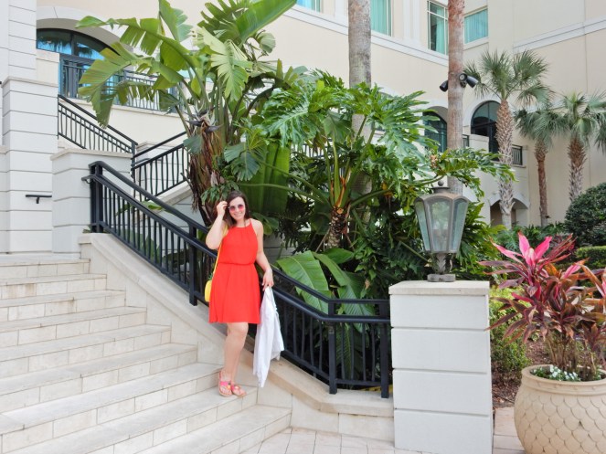 Lady in Red, dresses for cheap, fashion comfort zone, try new fashions, sarah in style, summer red dress, Sarah Meyer, Soft Surroundings, Jack Rogers sandals, Kate Spade pineapple purse, Omni Champions gate, red and pink together, Florida style, tropical fashion