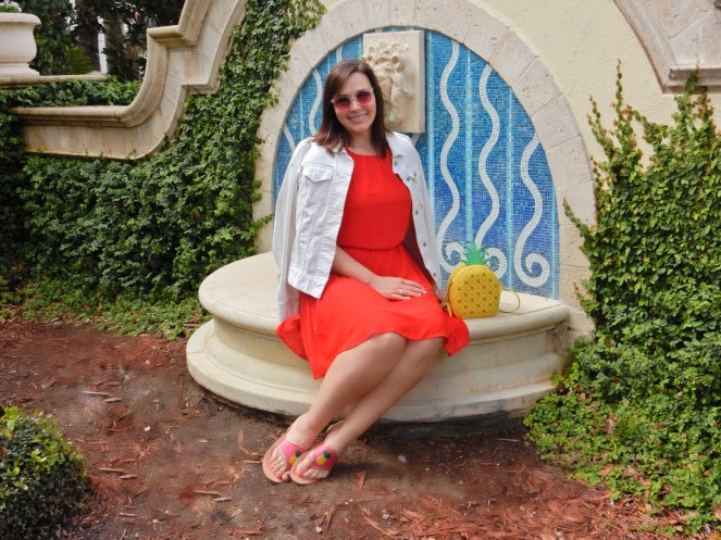 Lady in Red, dresses for cheap, fashion comfort zone, try new fashions, sarah in style, summer red dress, Sarah Meyer, Soft Surroundings, Jack Rogers sandals, Kate Spade pineapple purse, Omni Champions gate, red and pink together, Florida style, tropical fashion