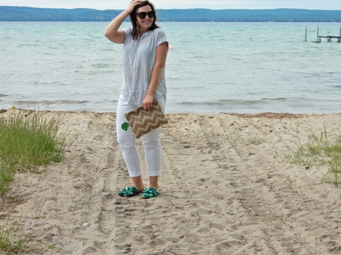 summer white, summer slides, summer mules, palm print shoes, palm print slides, soft surroundings shoes, perfect summer outfit, summer fashion tips, what to wear this summer, summer trends, blogger fashion tips, Sarah Meyer, Sarah In Style, Talbots girlfriend jeans, sunglass warehouse, mudpie gold clutch, palm leaf fashion