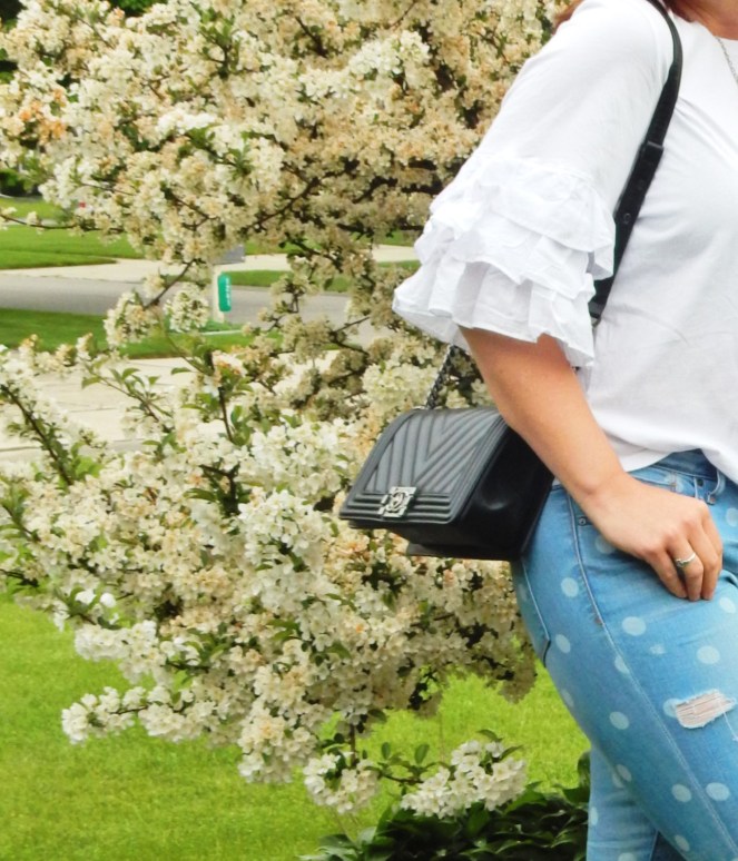 sarah in style, sarahinstyle.com, Sarah Meyer, Vionic tennis shoes, pink Vionic shoes, Vionic. best supportive shoes, cute supportive shoes, Chanel cross body, black chanel bag, polka dot jeans, white ruffled top, sunglass wharehouse, spring style, dressing for you, finding your style, chicago blogger, fashion blogger tips