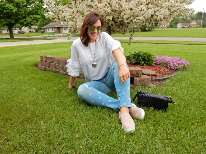 sarah in style, sarahinstyle.com, Sarah Meyer, Vionic tennis shoes, pink Vionic shoes, Vionic. best supportive shoes, cute supportive shoes, Chanel cross body, black chanel bag, polka dot jeans, white ruffled top, sunglass wharehouse, spring style, dressing for you, finding your style, chicago blogger, fashion blogger tips