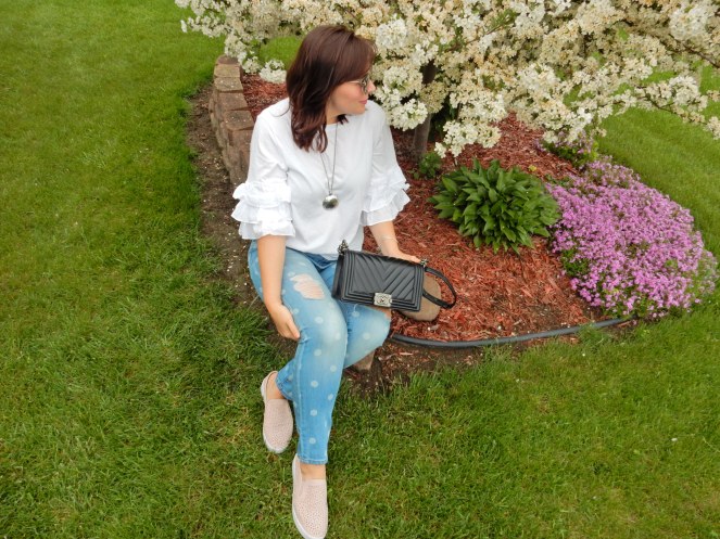 sarah in style, sarahinstyle.com, Sarah Meyer, Vionic tennis shoes, pink Vionic shoes, Vionic. best supportive shoes, cute supportive shoes, Chanel cross body, black chanel bag, polka dot jeans, white ruffled top, sunglass wharehouse, spring style, dressing for you, finding your style, chicago blogger, fashion blogger tips